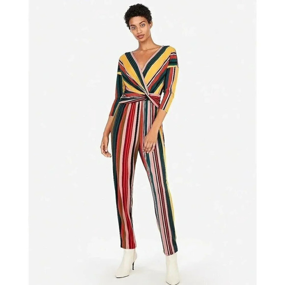 Express Colorful Stripe Twist Front Long Sleeve Straight Leg Jumpsuit S - Picture 1 of 5
